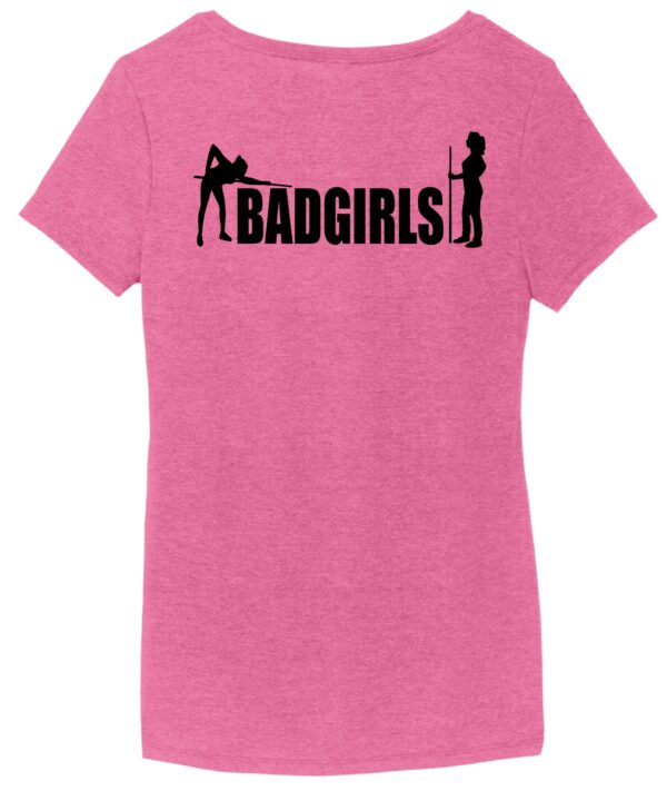 Bad Girls Fuchsia Frost V-Neck T-Shirt (new logo front and back) - Image 3